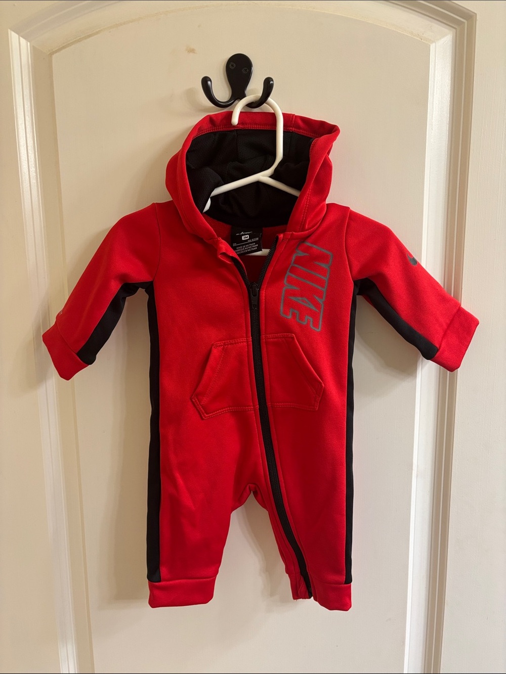 Nike Red and Black Infant Hooded One-Piece Romper